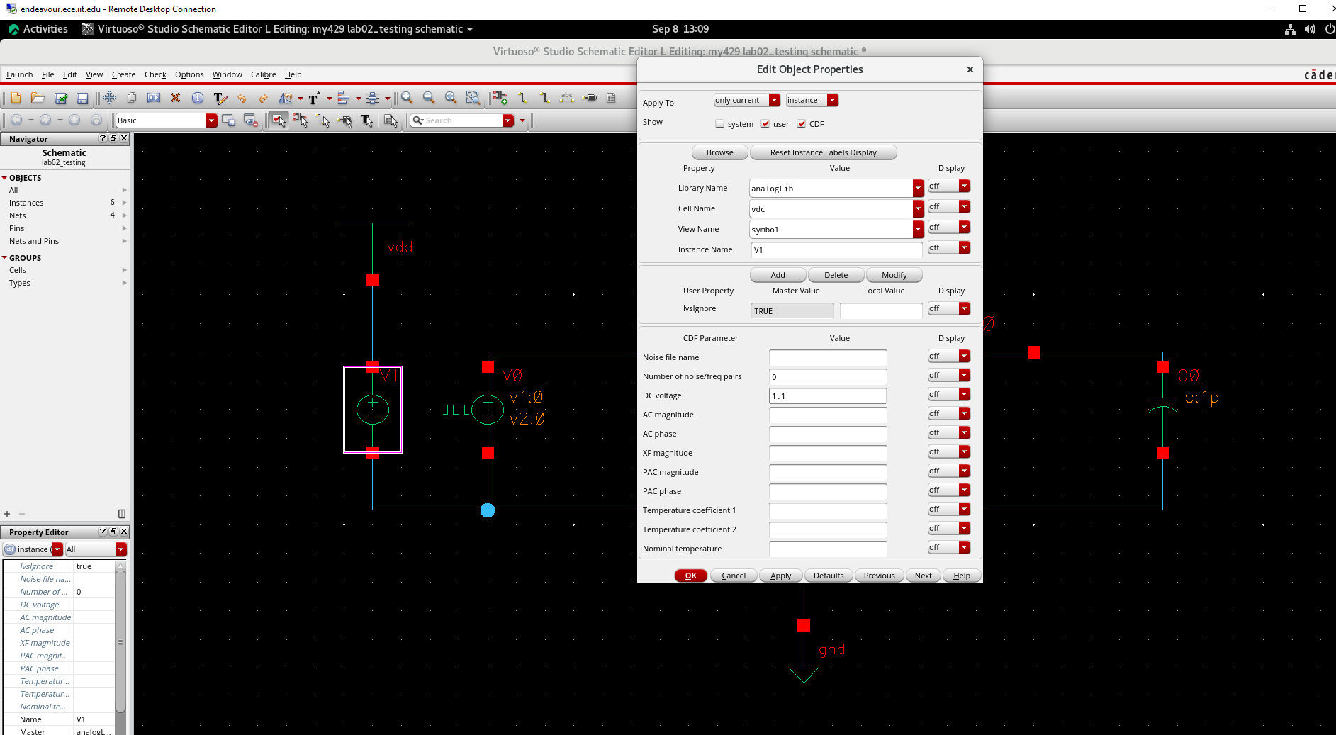 VDC properties set to 1.1 volts